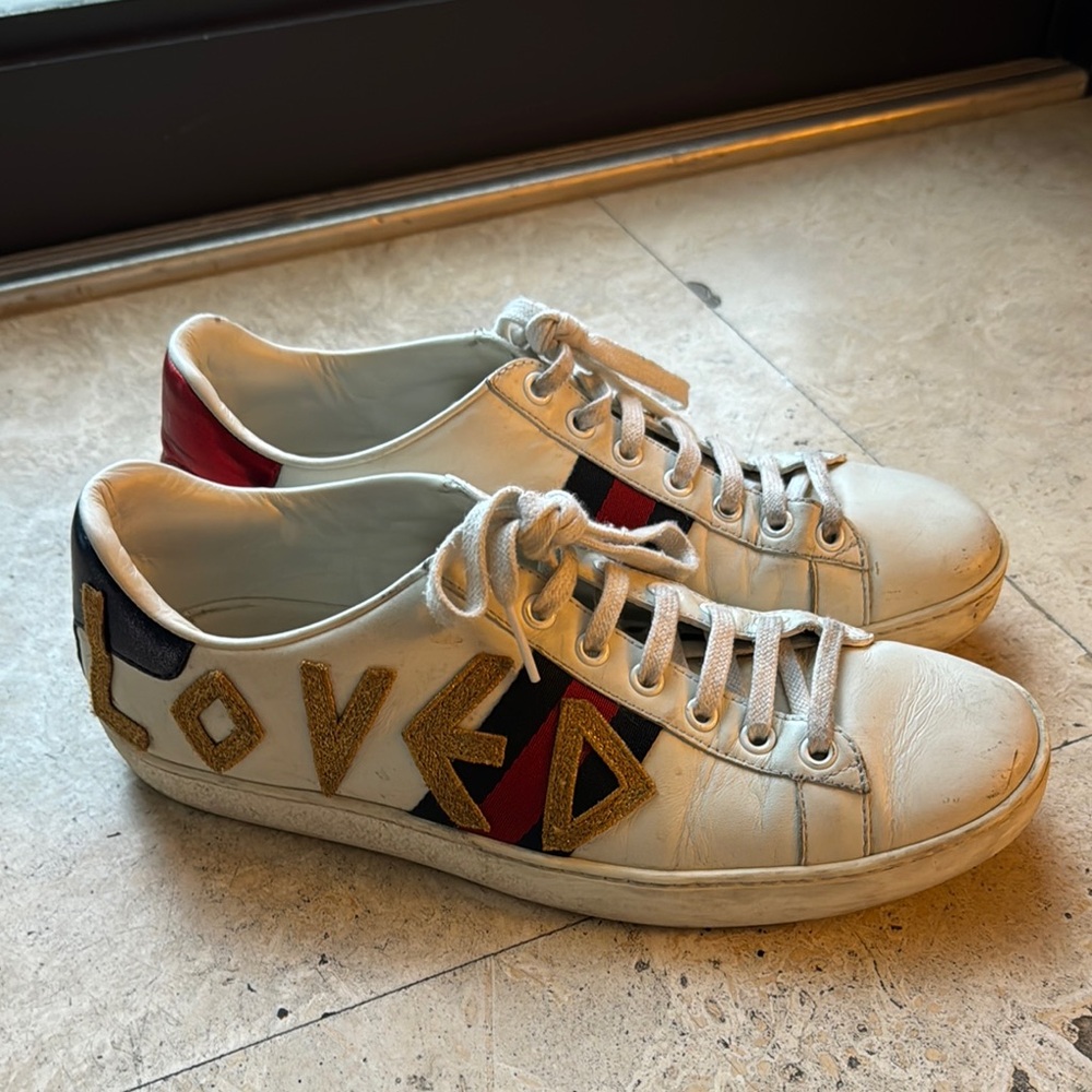 Gucci White Sneakers with Gold and Red Accents